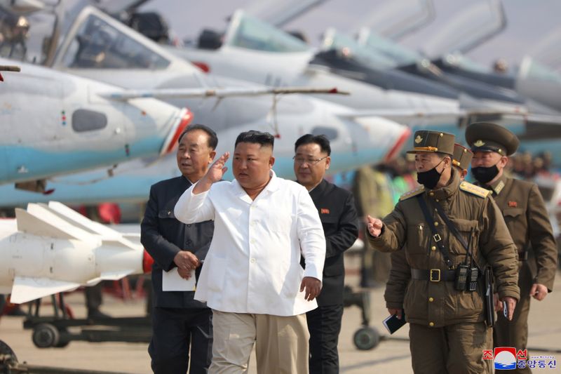 &copy; Reuters. North Korean leader Kim Jong Un visits to a pursuit assault plane group under the Air and Anti-Aircraft Division in the western area