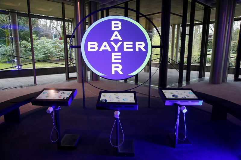 &copy; Reuters. FILE PHOTO: The logo of Bayer AG is seen in a showroom of the German drugmaker where the annual results news conference takes place in Leverkusen