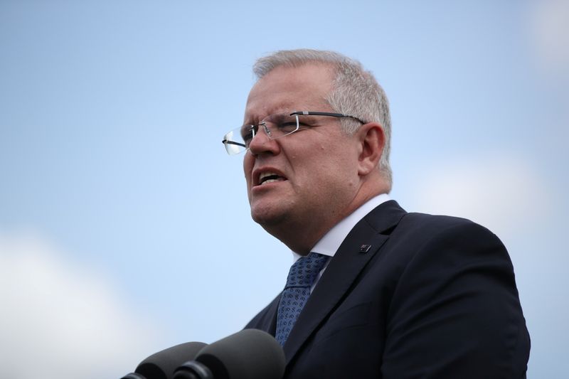 &copy; Reuters. FOTO DE ARCHIVO: El primer ministro australiano Scott Morrison habla durante una conferencia de prensa conjunta con la primera ministra de Nueva Zelanda Jacinda Ardern en Sidney, Australia