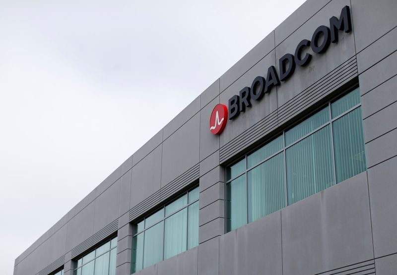 &copy; Reuters. Broadcom Limited company logo is pictured on an office building in Rancho Bernardo, California