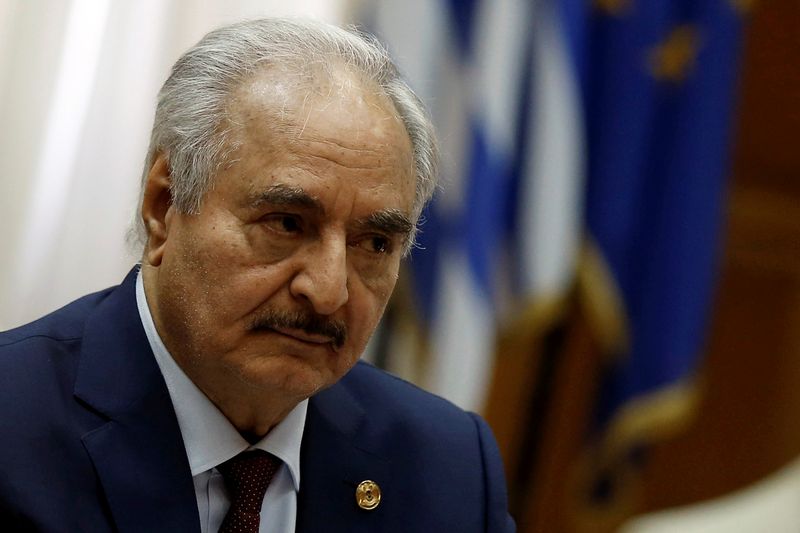 &copy; Reuters. FILE PHOTO: Libyan commander Khalifa Haftar meets Greek Prime Minister Kyriakos Mitsotakis (not pictured) at the Parliament in Athens