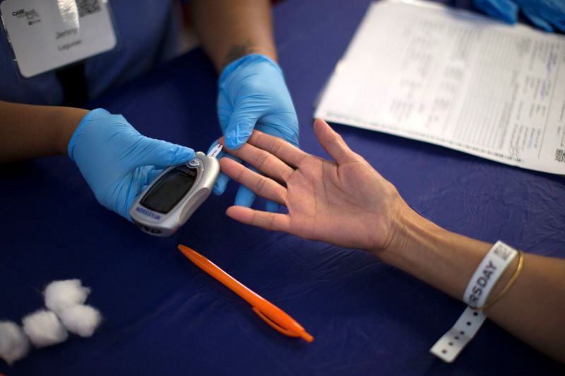 &copy; Reuters. FILE PHOTO: A person receives a test for diabetes during Care Harbor LA free medical clinic in Los Angeles