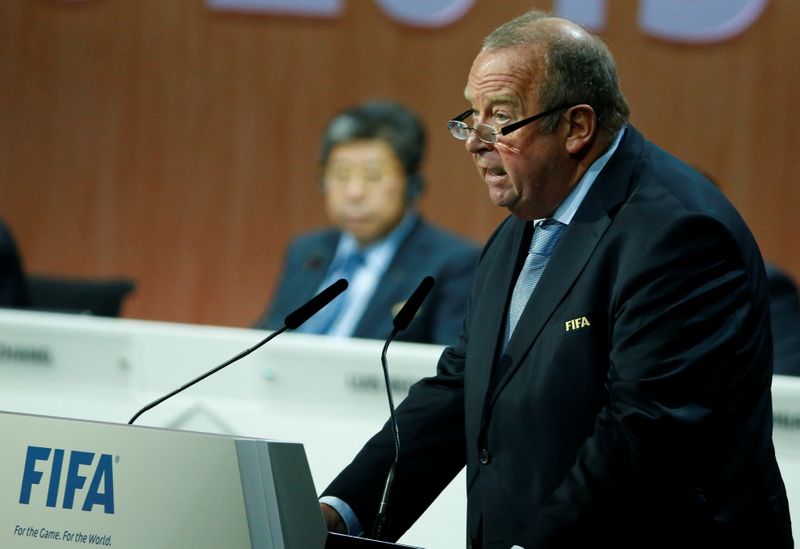 © Reuters. FILE PHOTO: D'Hooghe Chairman of the FIFA Medical Committee addresses the 65th FIFA Congress in Zurich