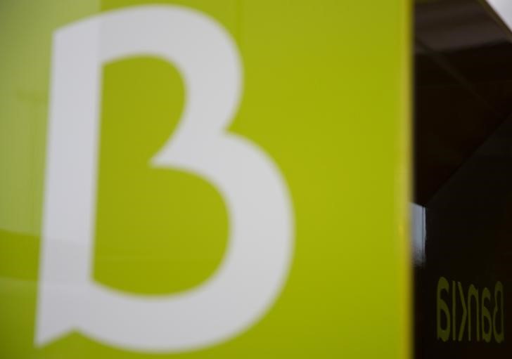 &copy; Reuters. FILE PHOTO: Spain&apos;s Bankia logo is seen inside bank&apos;s headquarters before a news conference to present their annual results in Madrid