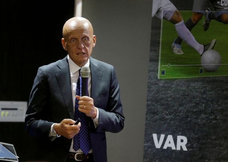 &copy; Reuters. Former Italian referee Pierluigi Collina addresses the audience while participating in a meeting about the implementation of the VAR (Video Assistant Referee) on the Fifa World Cup of Russia 2018