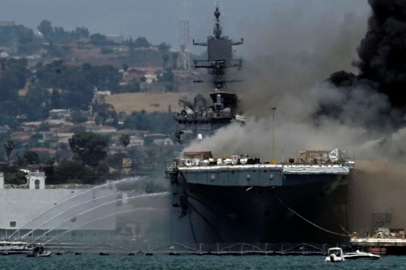 © Reuters. Smoke rises from a fire on board the U.S. Navy amphibious assault ship USS Bonhomme Richard at Naval Base San Diego