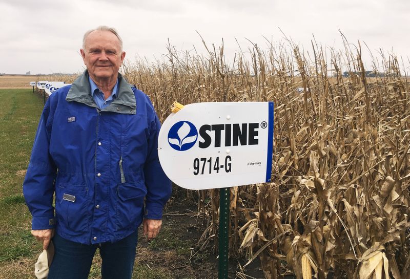&copy; Reuters. Harry Stine, chief executive for Stine Seed, poses next to corn planted near the company&apos;s offices in Adel