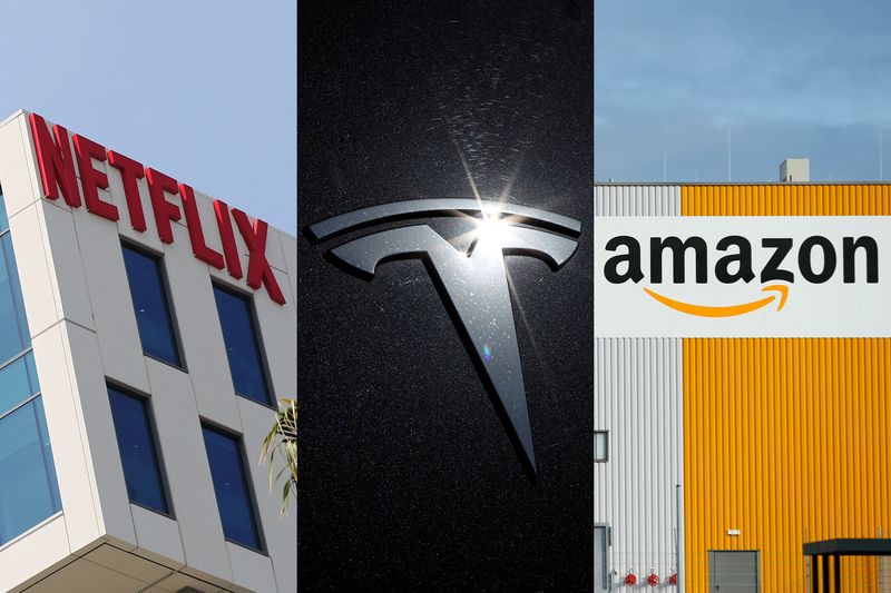 © Reuters. The logos of Netflix, Tesla and Amazon are seen in this combination photo