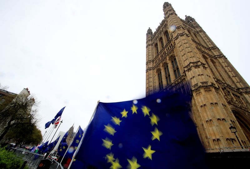 &copy; Reuters. European Union flags are seen outside the Houses of Parliament in London