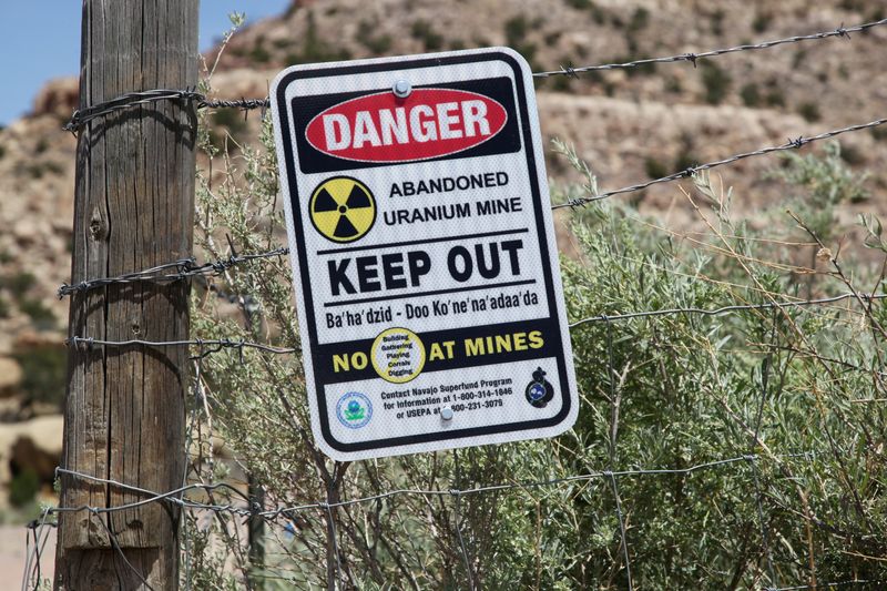 &copy; Reuters. FILE PHOTO: A warning sign is seen next to the entry to the Northeast Church Rock abandoned uranium mine in Pinedale