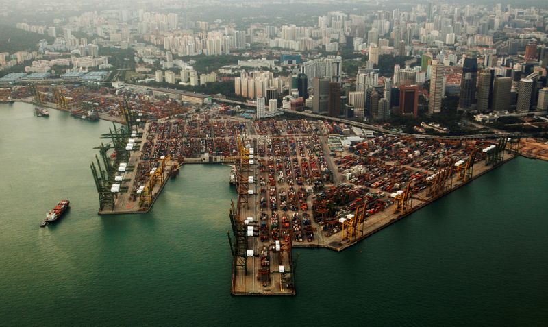 &copy; Reuters. An aerial view of shipping containers stacked at the port of Singapore