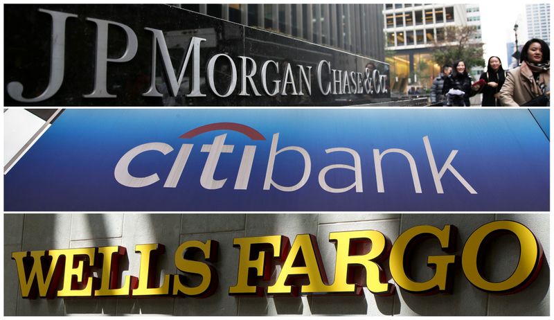 © Reuters. FILE PHOTOS: A combination photo of signs of JP Morgan Chase Bank, Citibank and Wells Fargo & Co. bank