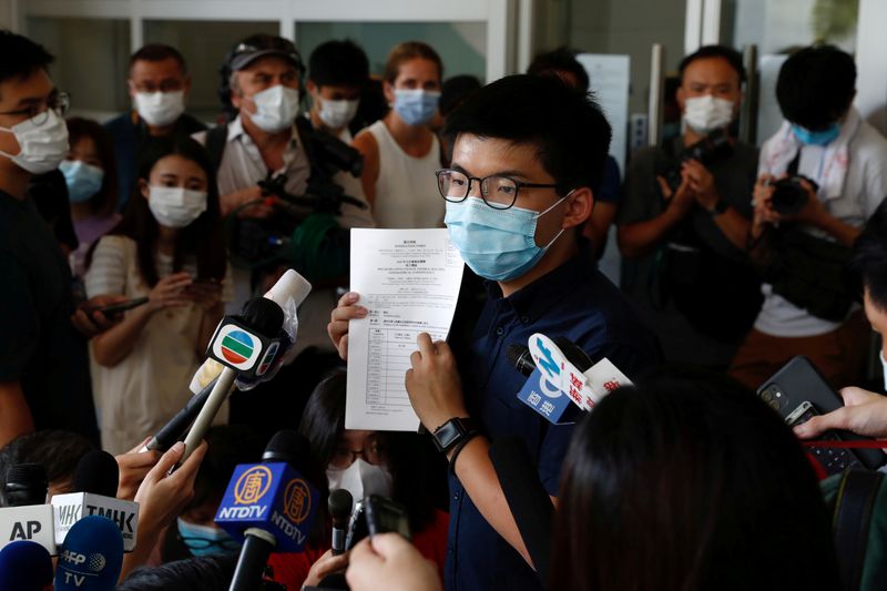 &copy; Reuters. Pro-democracy activist Joshua Wong registers as a candidate for the upcoming  Legislative Council election in Hong Kong