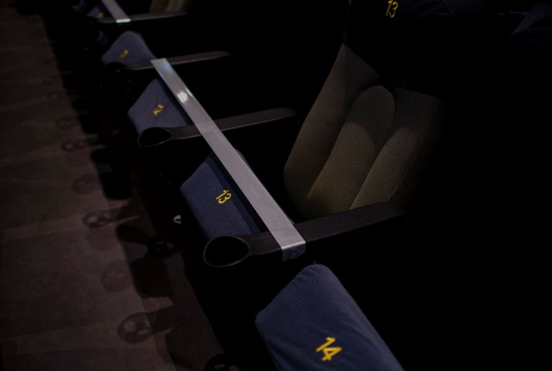 &copy; Reuters. Seats are seen with tape for social distancing as cinemas reopen following the coronavirus disease (COVID-19) outbreak, in Shanghai