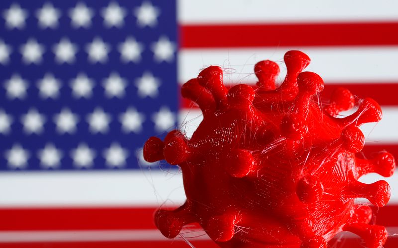 &copy; Reuters. FOTO DE ARCHIVO: Modelo 3D de un coronavirus frente a la bandera de EEUU