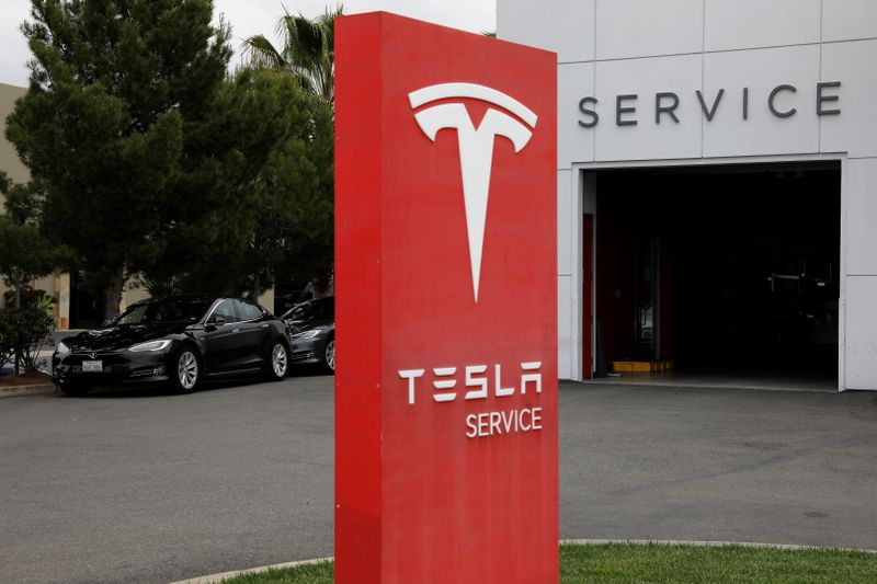 &copy; Reuters. A Tesla service center is shown in Costa Mesa, California