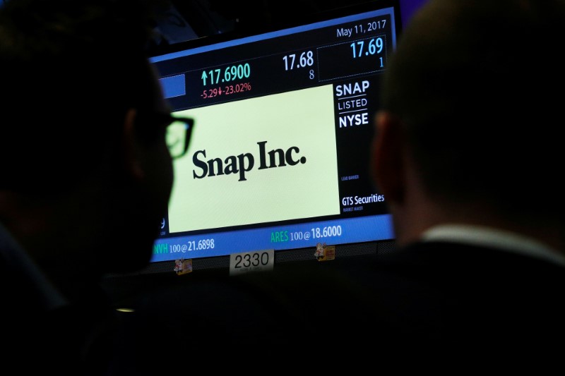 &copy; Reuters. Traders look up at a screen that displays trading information for Snap Inc. on the floor of the NYSE in New York