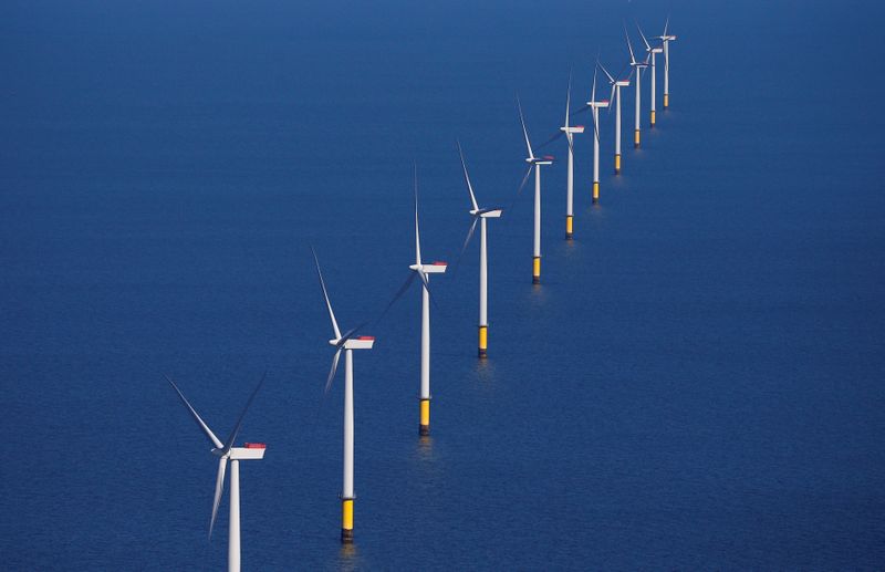 &copy; Reuters. FILE PHOTO: General view of the Walney Extension offshore wind farm operated by Orsted off the coast of Blackpool