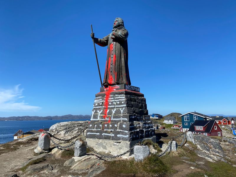 &copy; Reuters. The statue of Hans Egede is seen after being vandalized in Nuuk
