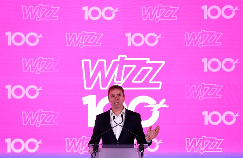 &copy; Reuters. CEO of Wizz Air, Jozsef Varadi speaks during the unveiling ceremony of the 100th plane of its fleet at Budapest Airport