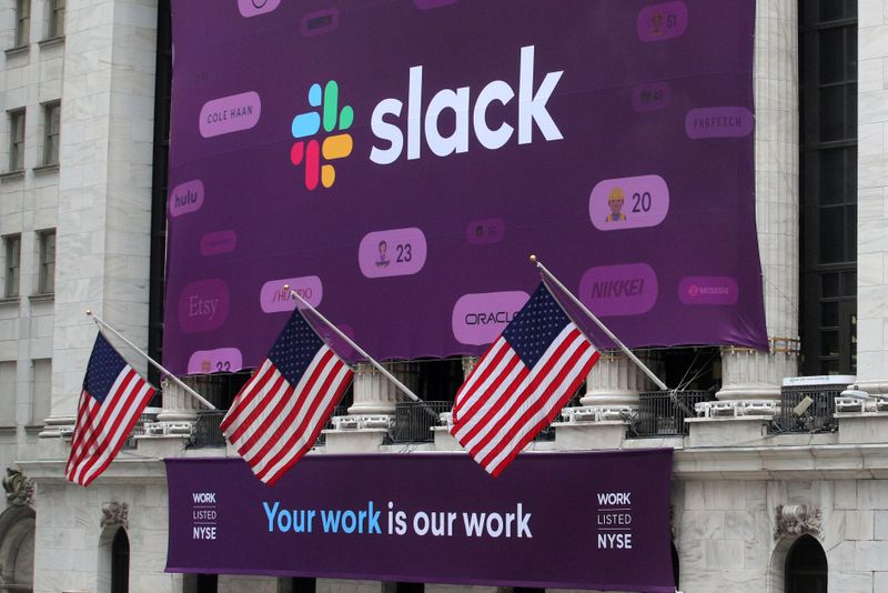 © Reuters. The Slack Technologies Inc. logo is seen on a banner outside the New York Stock Exchange (NYSE) during thew company's IPO in New York