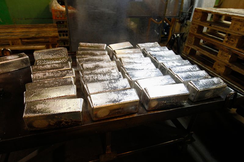 &copy; Reuters. Freshly smelted silver bars are displayed before being placed on wooden pallets at KGHM Copper and Precious Metals smelter and processing plant in Glogow