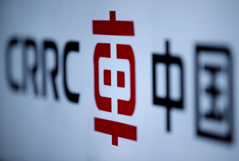 &copy; Reuters. A CRRC&apos;s logo is seen at an exhibition during the World Intelligence Congress in Tianjin