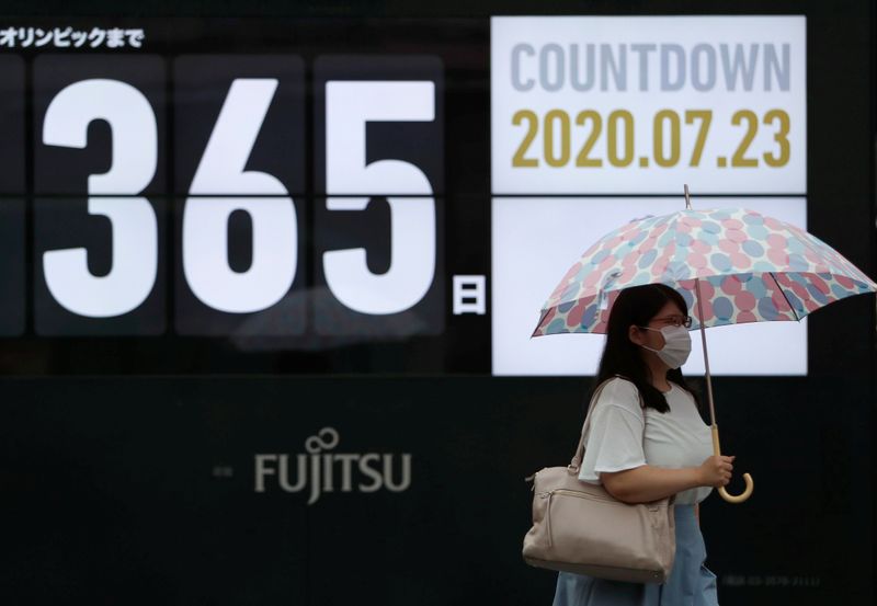 &copy; Reuters. A woman wearing a protective face mask walks past a screen showing a countdown of the days to the Tokyo 2020 Olympic Games amid the coronavirus disease (COVID-19) outbreak, in Tokyo