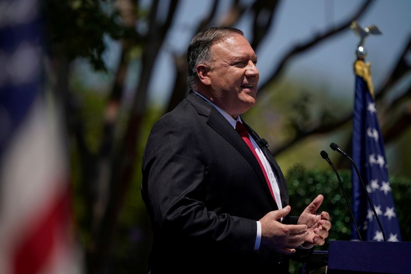 &copy; Reuters. U.S. Secretary of State Mike Pompeo speaks at the Richard Nixon Presidential Library, in Yorba Linda