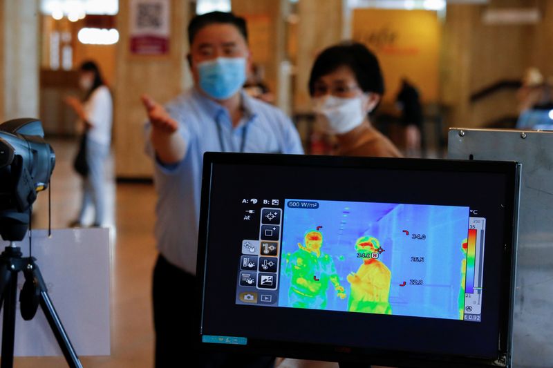 &copy; Reuters. FOTO DE ARCHIVO: Una mujer con mascarilla preparándose para que le tomen la temperatura en el Centro de las Artes de Sejong en Seúl