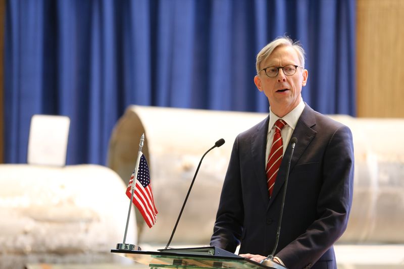 &copy; Reuters. U.S. Special Representative for Iran Brian Hook speaks during a joint news conference with Saudi Arabia&apos;s Minister of State for Foreign Affairs Adel al-Jubeir, in Riyadh