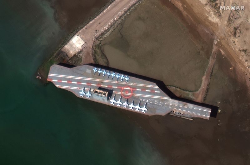 &copy; Reuters. Iran&apos;s refurbished mockup aircraft carrier is seen at its home port of Bandar Abbas