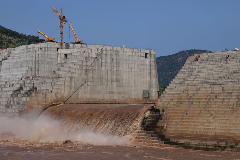 © Reuters. FILE PHOTO: Water flows through Ethiopia's Grand Renaissance Dam as it undergoes construction work on the river Nile in Guba Woreda