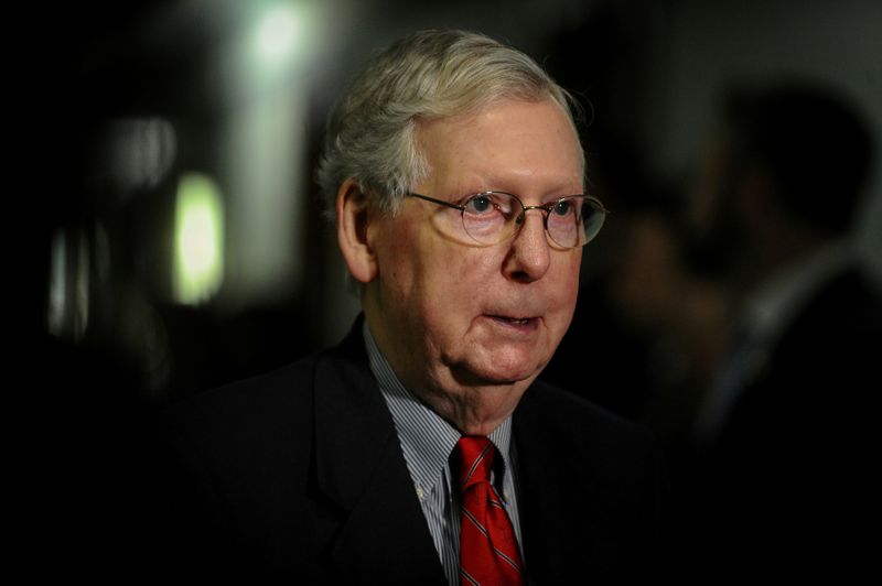 © Reuters. FILE PHOTO: U.S. Senate Majority Leader Mitch McConnell (R-KY) speaks to media outside a luncheon  meeting to wrap up work on coronavirus economic aid legislation