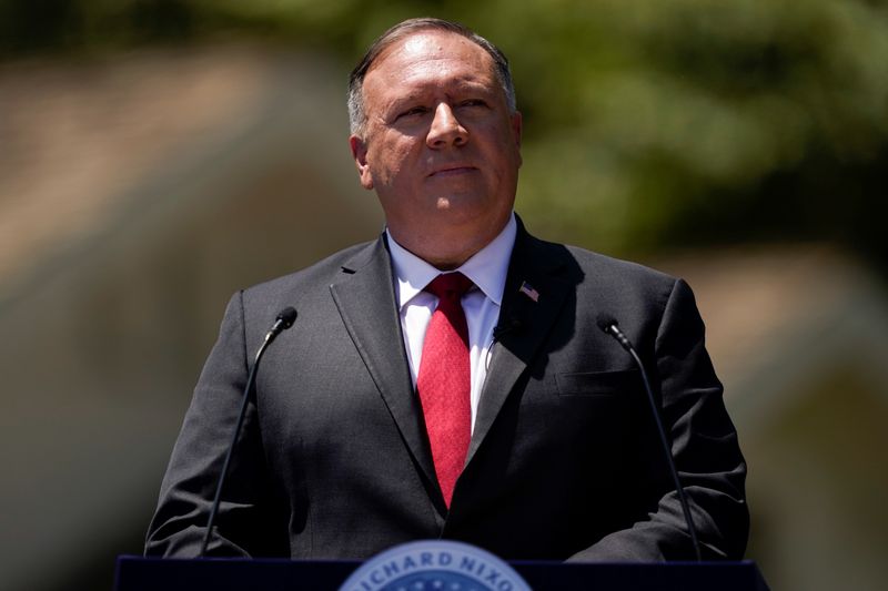 &copy; Reuters. Secretary of State Mike Pompeo speaks at the Richard Nixon Presidential Library