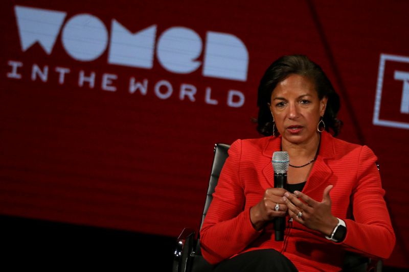 &copy; Reuters. FILE PHOTO: Former National Security Advisor and U.S. Ambassador to UN Susan Rice, speaks on stage at the Women In The World Summit in New York