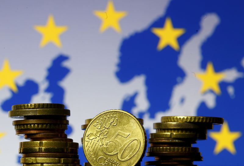 &copy; Reuters. FILE PHOTO: Euro coins are seen in front of displayed flag and map of European Union in this picture illustration taken in Zenica