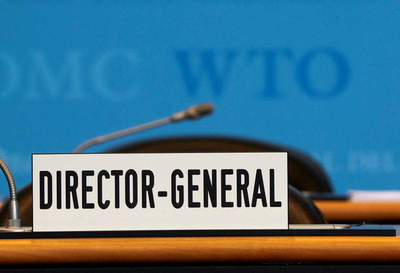 &copy; Reuters. FILE PHOTO: A sign is pictured in front of the chair of the Director General before the start of the General Council of the World Trade Organization (WTO) in Geneva