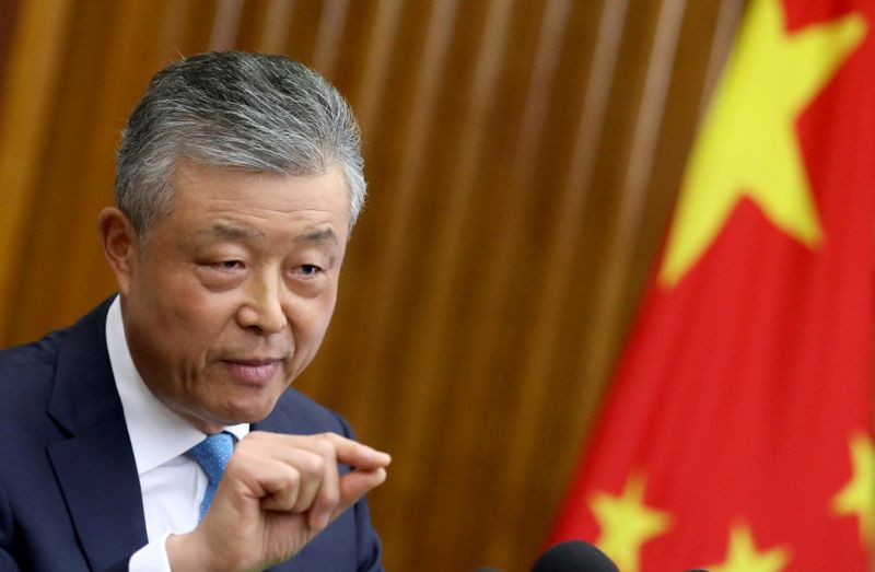 &copy; Reuters. FILE PHOTO: Chinese Ambassador to Britain Liu Xiaoming gestures during a news conference in London