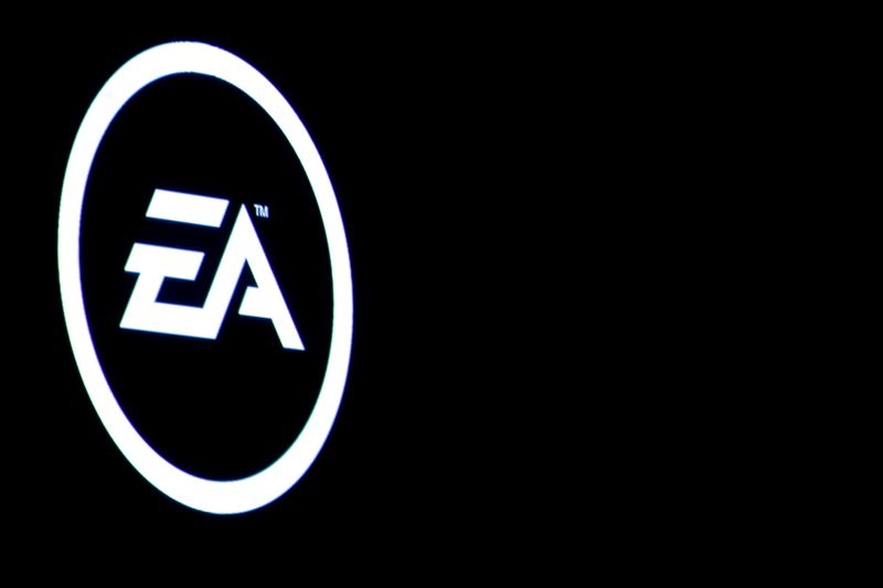&copy; Reuters. The Electronic Arts Inc., logo is displayed on a screen during a PlayStation 4 Pro launch event in New York