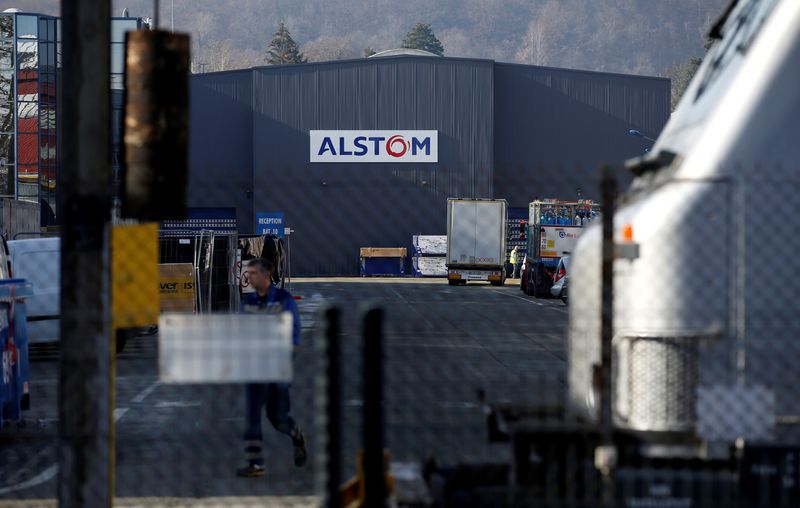 © Reuters. FILE PHOTO: The logo of Alstom is seen on the high-speed train TGV factory of the company in Belfort