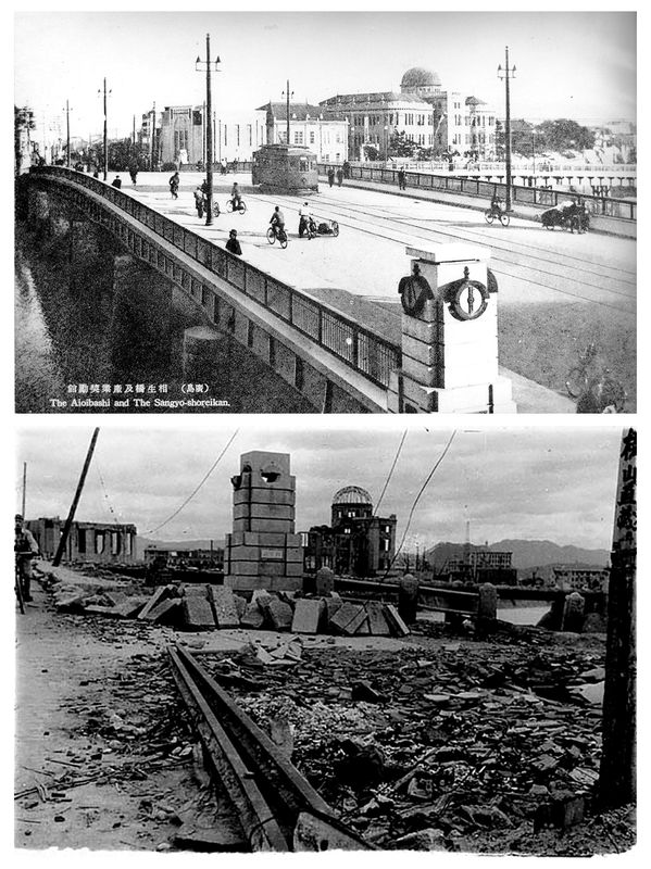 &copy; Reuters. Combination photo shows the Hiroshima Prefectural Industrial Promotion Hall, currently called the Atomic Bomb Dome or A-Bomb Dome, as seen from Aioi Bridge, in Hiroshima before and after the atomic bombing
