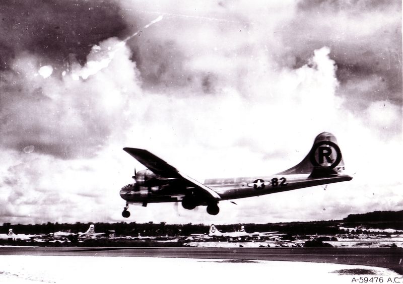 &copy; Reuters. FILE PHOTO: U.S. Air Force handout photo of the Enola Gay B-29 bomber landing in the Mariana Islands