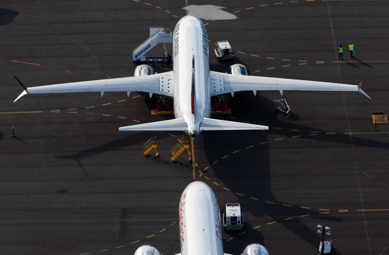 &copy; Reuters. Boeing 737 Max aircraft are parked in a parking lot at Boeing Field in this aerial photo over Seattle