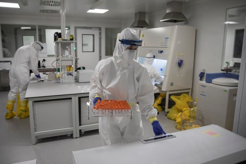 &copy; Reuters. FILE PHOTO: Scientists work with samples taken for testing for the coronavirus disease (COVID-19) in Belgrade