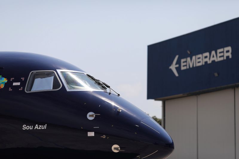 &copy; Reuters. E2-195 plane with Brazil&apos;s No. 3 airline Azul SA logo is seen during a launch event in Sao Jose dos Campos