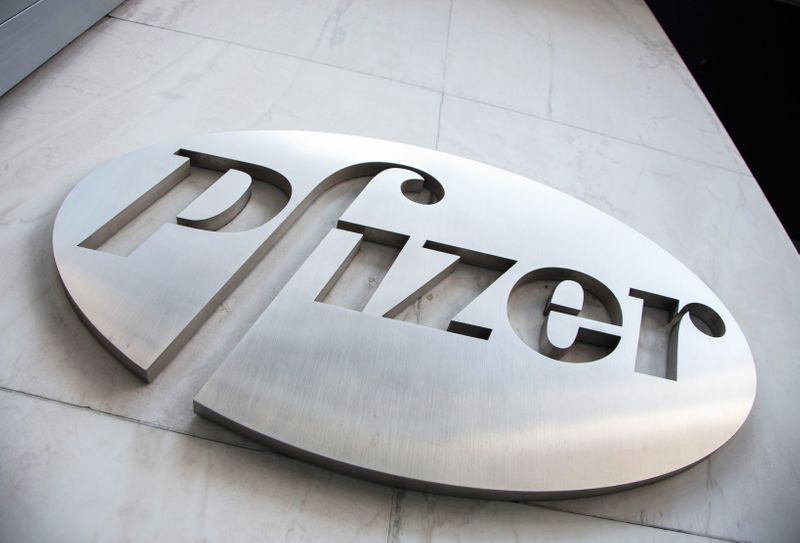 &copy; Reuters. The Pfizer logo is seen at their world headquarters in New York