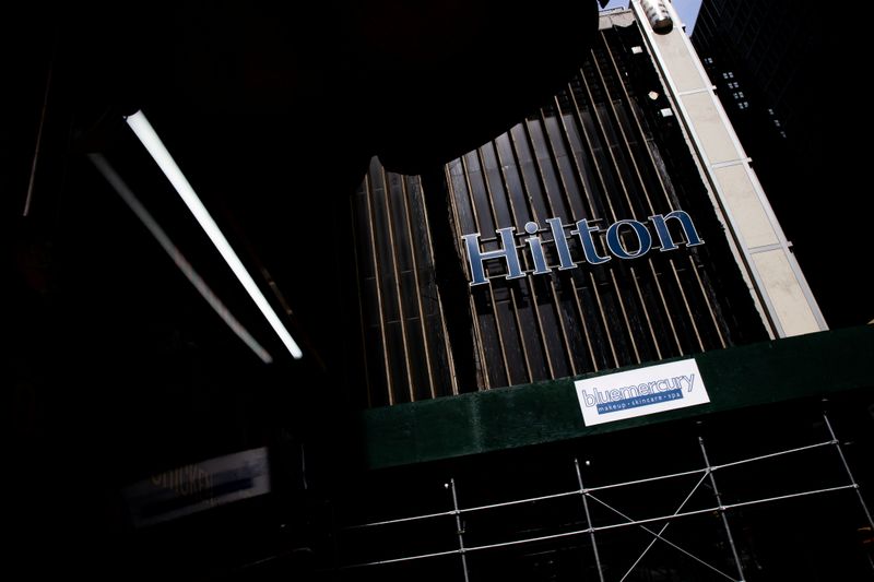 &copy; Reuters. Hilton hotel logo is seen on 52nd street  following the outbreak of coronavirus disease (COVID-19) in New York City