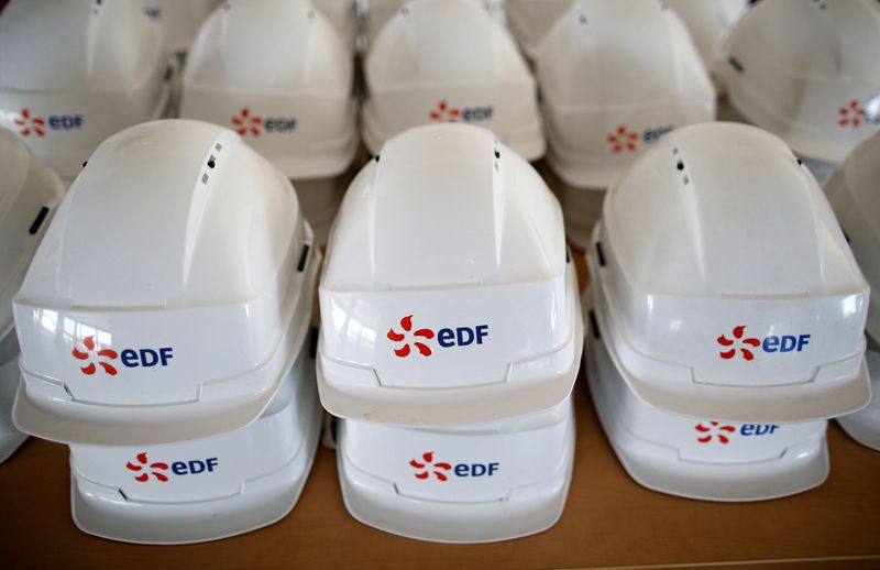 &copy; Reuters. Safety helmets with the logo of the Electricite de France (EDF) are seen at the coal-fired power plant in Cordemais