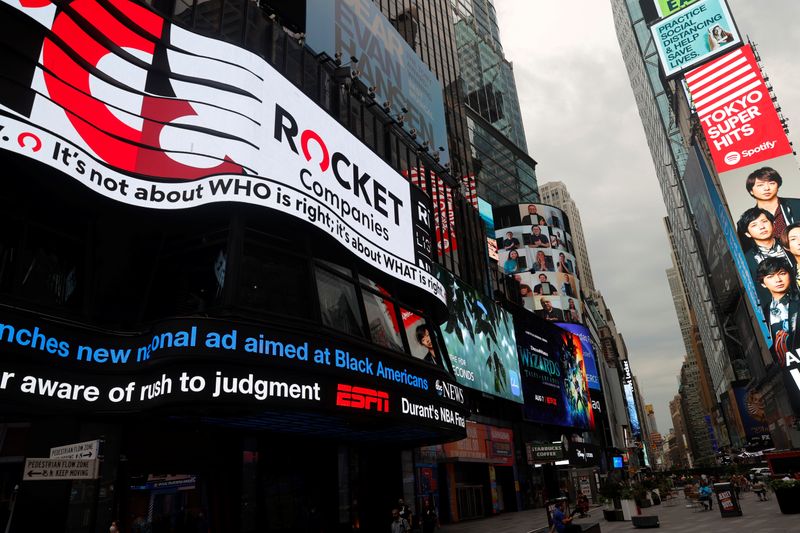 &copy; Reuters. Screen displays the logos of Rocket Companies (RKT) in Times Square during the company&apos;s IPO in New York